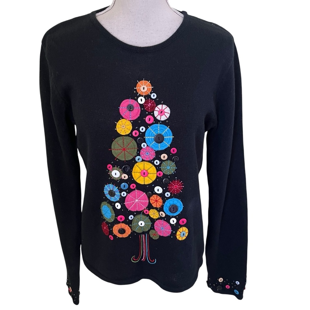 Susan Bristol Black with Multi-Color Embroidery, Button, and Appliqué  Sweater M